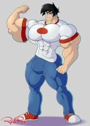 aged_up buff danny_fenton danny_phantom dark_hair flexing grey_background hyper_biceps hyper_bulge hyper_muscles male male_only male_solo muscular_male red-box tagme