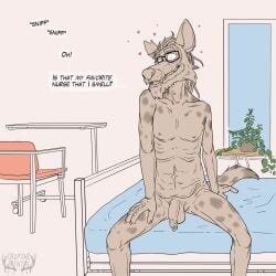 1:1 anthro balls blind disability droptineart elderly_male english_text facial_hair foreskin foxmusk genitals hair hi_res hyena male mammal mature_anthro mature_male nude nursing_home old penis smile solo spots spotted_hyena text wrinkles