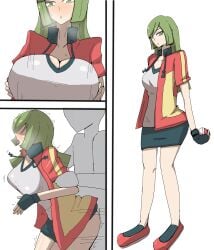 1boy 1girls ace_trainer_(pokemon) ace_trainer_(pokemon_oras) alternate_breast_size big_breasts blush breasts cleavage clothing color female from_behind fucked_silly green_eyes kazushige large_breasts legs_together long_hair male nintendo open_mouth penetration pokemon pokemon_oras pokemon_rse sex shiny_skin skirt skirt_lift skirt_up straight tongue tongue_out vaginal_penetration