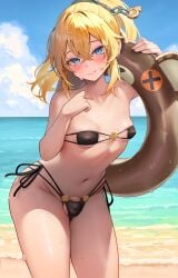 1boy absurdres alternate_costume alternate_hairstyle beach bikini black_bikini blonde_hair blue_eyes blush bridget closed_mouth cowboy_shot curvy day eyepatch_bikini guilty_gear hakusyokuto highres holding holding_swim_ring innertube looking_at_viewer male_focus male_only male_with_breasts multi-strapped_bikini_bottom navel ocean otoko_no_ko outdoors paid_reward_available penis penis_peek ponytail short_hair side-tie_bikini_bottom small_breasts solo strapless strapless_bikini sweat swim_ring swimsuit variant_set water wet wide_hips