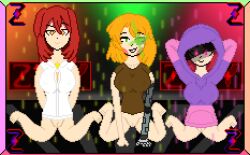 3girls alisha alisha_ahsila blush bottomless elia eye_glow female hands_behind_head hoodie mechanical_arm on_knees robotic_arm scouter smug_face smug_grin z!betty zixy