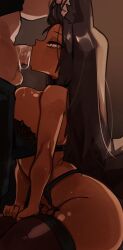 1boy 1girls ass blowjob breasts brown_hair brown_skin dark-skinned_female dark_skin fellatio female female_focus fox_ears fox_girl garter_belt hair_grab hi_res huge_breasts kemonomimi kneeling kneeling_oral_position light-skinned_male light_skin long_hair male oral original original_character penis shortstack stockings thick_thighs uncensored unseen_male_face zanamaoria