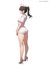 1girls ai_generated anklet arms_together ass ass_focus back_view bare_legs blush breasts brown_hair full_body high_heels hospital legs long_hair long_legs looking_away miniskirt nurse nurse_cap nurse_uniform original original_character ponytail profile shiny_skin sideboob small_breasts standing thick_thighs thighs uniform white_background yeyehuh