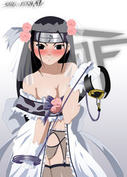 1girls bad_anatomy bare_shoulders blush bondage breasts chiba_toshirou cleavage collar derivative_work dress female female_only fishnets forehead_protector garter_belt gloves high_resolution kin_tsuchi leash naruto naruto_(classic) sketch smirk solo stiky_finkaz translated wedding_dress