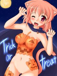 animal_ears blush bodypaint breasts female halloween nipples open_mouth pointy_chin pumpkin_boobs pussy red_eyes solo tail