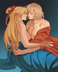 2girls alternate_breast_size arms_around_partner beautiful big_breasts blonde_hair blue_background breast_press breasts color delicious_in_dungeon dungeon_meshi elf_ears elf_female falin_touden falin_touden_(tallman) fanon_couple gradient_background green_eyes hair_ornament half-elf highres human humanoid interspecies interspecies_yuri intimacy intimate large_breasts lighting long_hair looking_at_another loving_gaze lying_on_side marcille_donato miloras nipples partially_clothed pointy_ears robe romantic romantic_couple sandy_blonde_hair sapphic sensual sideboob sitting smile symmetrical_docking tallman tied_hair wholesome wholesome_yuri yellow_eyes yuri