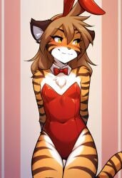 1girls ai_generated anthro female flora_(twokinds) full_body furry light_smile looking_away playboy_bunny shy striped_fur tagme tiger twokinds