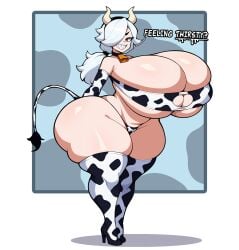 1girls ai_assisted ass bandeau big_ass big_breasts brawl_stars breasts bubble_butt bursting_breasts colette_(brawl_stars) cow_print cow_print_bandeau cow_tail cowbell dialogue grin hair_over_one_eye hands_behind_back heels horns hourglass_figure huge_ass huge_breasts keyhole looking_at_viewer monkechrome ponytail sharp_teeth slim_waist solo tagme talking_to_viewer thick_thighs thighhighs thong tubetop white_hair wide_hips