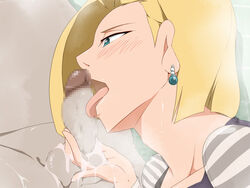 android_18 blonde_hair blush censored dragon_ball dragon_ball_z fat_man fellatio female human licking male oral sato_(pixiv956274) short_hair straight