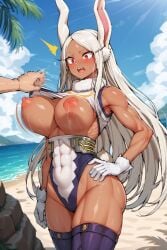 1girls abs ai_generated angry animal_ears areolae bare_shoulders big_breasts blush breasts_out clothes_lift dark-skinned_female dark_skin gloves hair_ornament hand_on_hip highleg large_breasts long_hair mirko miruko muscular my_hero_academia nipples open_mouth outdoors purple_legwear red_eyes tail tan_body thighs white_hair