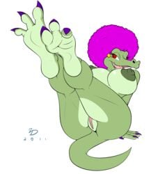 afro breasts claws color crocodile donkey_kong_(series) female female_only green hindpaw huge_breasts huge_nipples kalypso kremling looking_at_viewer nintendo paws purple red_eyes reptile scalie solo toes