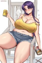 alcohol bbw beer beer_can belly_overhang big_belly big_female blush chubby chubby_female fat fat_ass fat_female fat_fetish fat_girl fat_woman fatty large_female misato_katsuragi neon_genesis_evangelion noiretox obese obese_female overweight overweight_female pig plump pork_chop sweatdrop thick_thighs tubby weight_gain