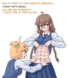 2girls embarassed multiple_girls muscle_worship muscular_female original_character school_uniform sheepapp small_breasts