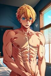 1boy abs ai_generated bara bed blonde_hair blue_eyes blush completely_nude hoshino_aquamarine implied_masturbation indoors large_pectorals looking_at_viewer male_focus male_pubic_hair muscular muscular_male navel nipples nude open_mouth oshi_no_ko pectorals penis pubic_hair short_hair solo sweat window