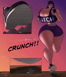 2d big_ass bitch booty_shorts bra comic crunch femdom giant_breasts giantess gigantic_breasts goth goth_girl hallie_(thekid) hyper_ass hyper_breasts jogging muscular muscular_thighs smushed thekid thicc_ass thick_thighs tiny voluptuous voluptuous_female