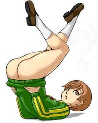 1girls ass bottomless brown_eyes brown_hair isu persona persona_4 satonaka_chie shoes short_hair sketch socks solo track_jacket white_background