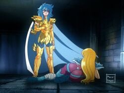 1boy 1girls armor ass ass_focus battle_armor big_ass big_butt blonde_female blonde_hair butt_focus chameleon_june fat_ass female female_focus gold_saints hips huge_ass light_blue_hair long_hair pisces_aphrodite plump_ass plump_butt saint_seiya shounen_jump showing_ass thick_ass thighs voluptuous voluptuous_female