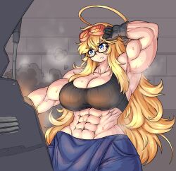 abs glasses huge_breasts muscular_female original_character sheepapp sophie_(sheepapp) sweat work