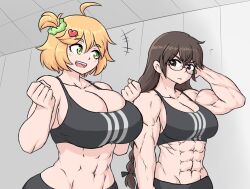 2girls abs glasses gym_uniform multiple_girls muscular_female original_character sheepapp