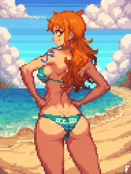 1girls 2d 2d_(artwork) ass back_view beach bikini cloud facing_away female female_only fysicx0 long_hair nami one_piece orange_hair pixel_(artwork) pixel_art post-timeskip sand solo_female striped_bikini swimsuit tattoo water