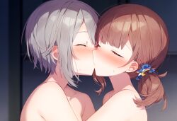 2girls ai_generated big_breasts blush blush breasts breasts breasts breasts_out closed_eyes completely_naked completely_naked_female completely_nude completely_nude_female female_focus female_only gray_hair high_resolution highres hinomori_shiho kissing kissing light_brown_hair medium_breasts mochizuki_honami naked project_sekai tits_out yuri