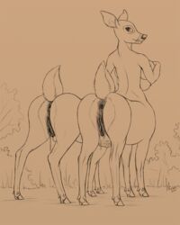 2011 anus breasts cervine cervine_pussy crotchboob crotchboobs deer deer_taur drawn dripping female looking_at_viewer monochrome nipples pulsar pussy raised_tail shirleen tail taur udders