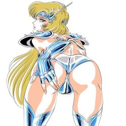 1girls armor ass ass ass_focus battle_armor big_ass big_butt blonde_female blonde_hair butt_focus chameleon_june female female_focus female_only from_behind grabbing_own_ass long_hair pussy saint_seiya shounen_jump showing_ass