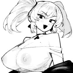 breasts choker coco_kaine cute_fang dismassd dragon_girl female hololive huge_breasts mole nipples one_shoulder_exposed open_mouth see-through short_hair sketch smile tagme twintails virtual_youtuber