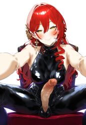 1futa ai_generated erection futanari gerumusi himeko_(honkai:_star_rail) honkai:_star_rail latex looking_at_viewer precum reaching_towards_viewer red_hair smile