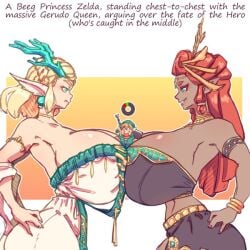 competition competitive dragon_girl dragon_horns gerudo giantess height_difference hylian hylian_ears hyper large_breasts larger_female link link_(tears_of_the_kingdom) n647 princess_zelda riju shorter_male size_difference smaller_male softcore struggling symmetrical_docking taller_girl tears_of_the_kingdom the_legend_of_zelda zelda_(tears_of_the_kingdom)