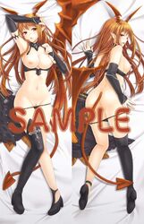 :o ass bat_wings bed_sheet black_legwear black_panties blush breasts dakimakura demon_girl demon_tail detached_collar detached_sleeves highres horns jpeg_artifacts k.y_ko long_hair looking_at_viewer looking_back lord_of_vermilion mismatched_footwear navel nipples on_back on_stomach open_mouth orange_eyes orange_hair panties panty_pull pointy_ears pussy pussy_juice sample single_thighhigh succubus succubus_(lord_of_vermilion) tail thighhighs top-down_bottom-up underwear wings