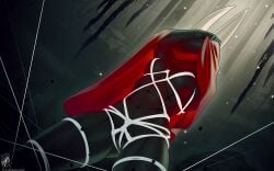 16:10 anthro arthropod big_breasts black_body bondage bound breasts cave cloak clothed clothing female genitals hi_res hollow_knight hornet_(hollow_knight) insects navel nipples pussy raised_clothing red_cloak red_clothing restraints rope rope_bondage rope_harness segmented_body solo stalactite team_cherry themaestronoob thick_thighs white_body wide_hips widescreen