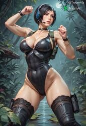 1girls ada_wong ai_generated asian asian_female black_hair cleavage female female_only headset jungle large_breasts large_thighs leotard nature nature_background raining resident_evil self_upload solo solo_female tactical_gear thick_thighs thigh_boots thighhighs thighs traumai