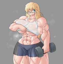 abs blonde_hair extreme_muscles huge_breasts muscular_female original_character sheepapp sophie_(sheepapp) sweat weightlifting wet_shirt