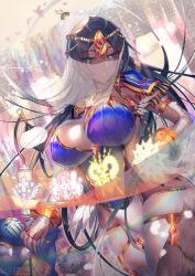 artist_name black_hair blue_eyes blurry blurry_background breasts bridal_gauntlets circlet commentary_request curvy fate/grand_order fate_(series) female glowing glowing_eyes highres jewelry lamp large_breasts long_hair magic mouth_veil naganegi pelvic_curtain ribbon scheherazade_(fate) smile staff thighhighs thighs translucent tsurime veil wide_hips