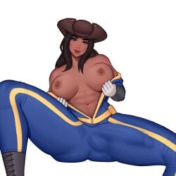 1futa areolae big_breasts big_penis blackout_(artist) bodysuit brown_hair captain_aisha clothed clothing dark-skinned_futanari dark_skin erection fallout futa_only futanari hidden_penis human nipples partially_clothed penis simple_background simple_shading sitting solo topless tricorne tricorne_hat