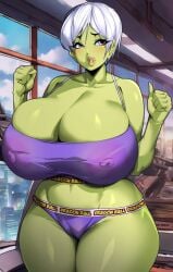 1girl ai_generated alien alien_girl areolae areolae_visible_through_clothing blush boob_spillage breasts breasts_bigger_than_head cameltoe cheelai cleavage dragon_ball dragon_ball_super female female_only green_body green_skin green_skinned_female gym huge_breasts indoors large_breasts midriff navel nipples nipples_visible_through_clothing orange_lipstick pink_eyes pixie_cut purple_topwear rice-chan short_hair sports_panties thick_thighs white_hair wide_hips
