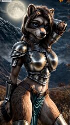 ai_generated animal_ears animal_nose anthro armor artist_name blue_eyes body_fur boobplate breastplate brown_fur brown_hair female female_anthro full_moon furry furry_female hi_res high_resolution highres leaf looking_at_viewer midriff moon navel night night_sky outdoors pauldrons pelvic_curtain photorealistic realistic shoulder_armor sky snout solo stable_diffusion tail tree twitter twitter_username vambraces watermark yiffyjiffy2 yiffyjiffy69