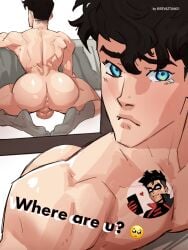 asking_for_it big_ass black_hair blue_eyes damian_wayne dc dc_comics domino_mask gay jon-el jonathan_kent male male_only mirror phone robin_(damian_wayne) robin_(dc) selfie sevaztian superboy superboy_(jonathan_kent) supersons yaoi