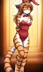 1girls ai_generated anthro female flora_(twokinds) full_body furry looking_away playboy_bunny shy striped_fur tagme tiger twokinds