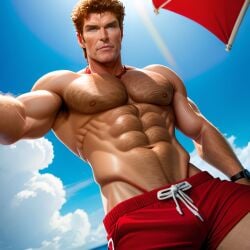 abs ai_generated bara beach body_hair chest_hair david_hasselhoff large_pectorals lifeguard male_focus male_only male_underwear mature_male muscular muscular_male non-web_source pecs real_person red_shorts topless_male