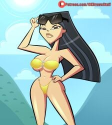 1girls bikini black_hair breasts cameltoe cartoon_network cleavage codykins123 gold_bikini heather_(tdi) long_hair navel o-ring_bikini solo strapless_bikini summer sunglasses sunglasses_on_head teletoon total_drama_island