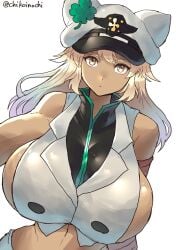 1girls amber_eyes artist_name bare_shoulders blonde_hair chikoinochi clothing dark-skinned_female dark_skin female guilty_gear guilty_gear_strive hat huge_breasts looking_at_viewer navel ramlethal_valentine sideboob solo white_background