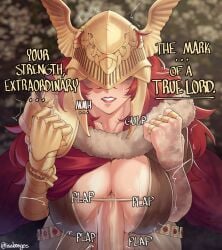 blurry blurry_background breasts covered_eyes elden_ring english_text fromsoftware helmet helmet_over_eyes highres isabongos large_breasts long_hair malenia_blade_of_miquella mechanical_arms paizuri penis perpendicular_paizuri pov pov_crotch prosthesis prosthetic_arm red_hair single_mechanical_arm smile sound_effects sweat very_long_hair winged_helmet