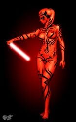 2008 3d barefoot big_breasts breasts darth_hell darth_talon female lightsaber lips nail_polish navel nipples pussy red_skin sith sith_lord solo standing star_wars star_wars:_legacy tattoo twi'lek weapon yellow_eyes