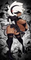 1girls anger_vein areola_slip big_breasts bikini_top black_hair blindfold clothing dark-skinned_female dark_skin female female_only hairband hand_on_hip hi_res high_heel_boots large_breasts mole mole_under_mouth nier:_automata solo stockings suxowell thick_thighs thigh_squish white_clothing yorha_2p