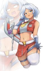 2024 2024s absurdres belly_button blue_eyes blue_gloves breasts cosplay cropped_shirt cropped_vest female female female_focus female_only gloves grey_hair grey_shirt gundam gundam_suisei_no_majo highres kotobukiya_bishoujo light-skinned_female light_skin midriff navel necktie open_mouth panties parted_bangs red_vest secelia_dote shirt short_hair simple_background skindentation skirt skirt_lift sleeveless sleeveless_shirt smile solo_focus starscream starscream_(kotobukiya_bishoujo) starscream_(kotobukiya_bishoujo)_(cosplay) thigh_strap thighhighs tongue tongue_out transformers uncleduk vest white_thighhighs yellow_necktie