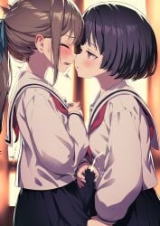 1futa 1girls absurdres ayanakitori big_penis black_hair blush breasts brown_hair bulge closed_eyes clothed clothing crotch_grab cum dialogue duo ejaculation ejaculation_under_clothes erection erection_under_clothes female fully_clothed futa_on_female futa_with_female futanari handjob handjob_over_clothes highres human imminent_kiss japanese_text light-skinned_female light-skinned_futanari light_skin looking_at_another masturbation multiple_girls orgasm original penis sailor_collar school_uniform short_hair text textless_version
