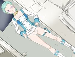 1girls artist_request blue_hair breasts cleavage dress eureka eureka_7 eureka_seven eureka_seven_(series) female female_only frown indoors inside jewelry necklace panties pose pov purple_eyes room short_hair skirt skirt_lift small_breasts solo teal_hair underwear violet_eyes