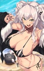 areola_slip bikini bomb breasts cleavage explosive female from_above hololive hololive_gen_5 hololive_japan huge_breasts long_nails nail_polish nuezou painted_nails sand shishiro_botan solo swimsuit toned virtual_youtuber